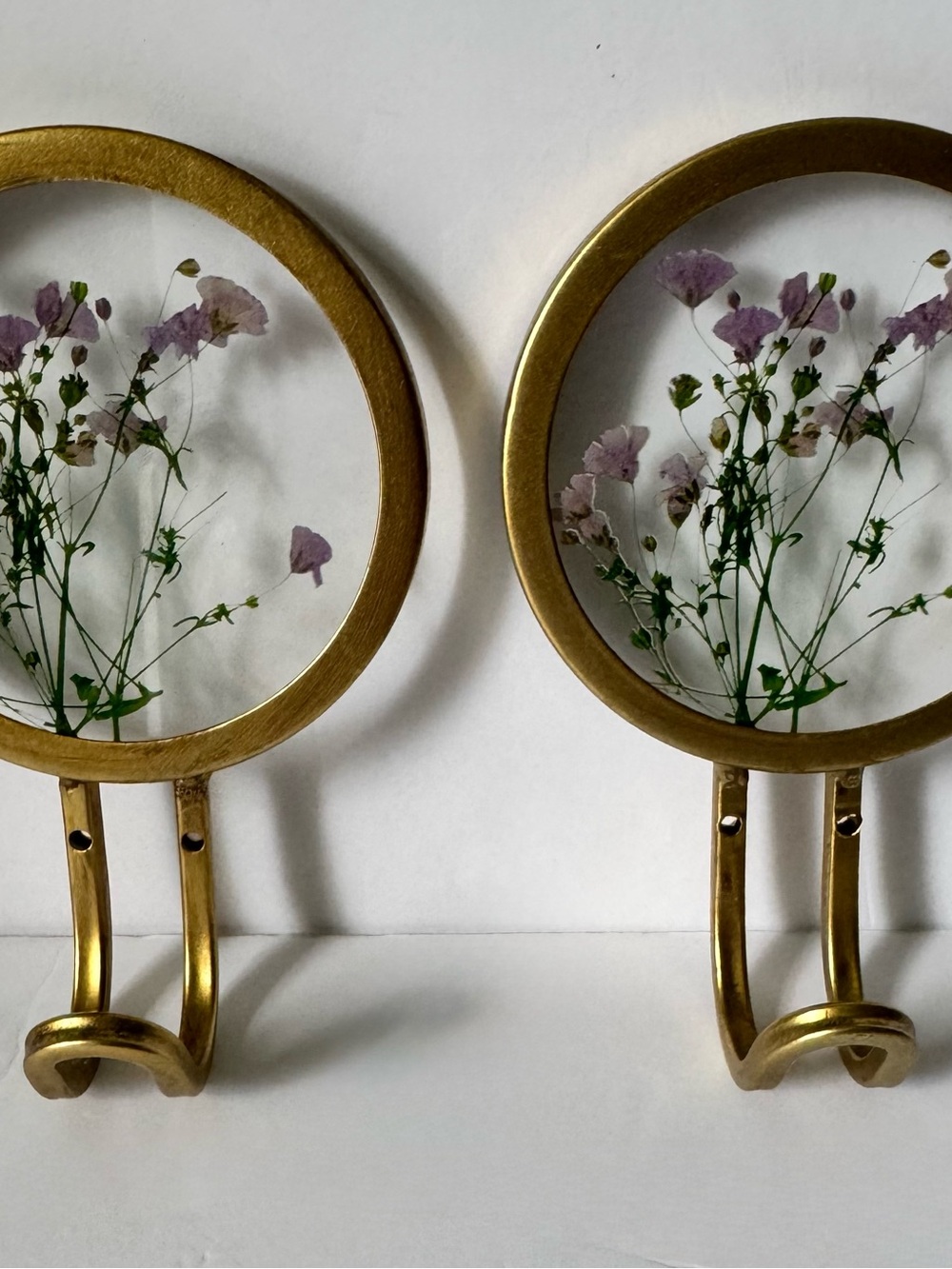 Wall hangings (2) Set Wall Hooks Gold Floral Purple 4.25”x6.5”